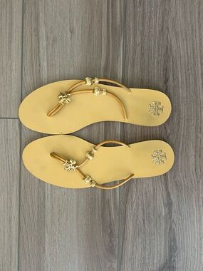 Tory Burch Yellow Flip Flop Sandals with Gold Logo Accents